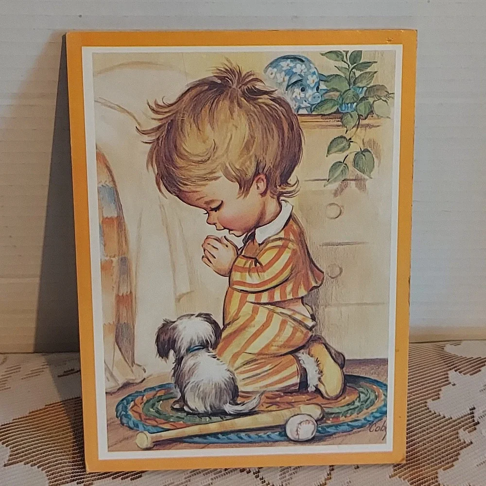 Vintage Coby Boy Praying with Dog Wood Wall Plaque Mid Century Nursery Art 8x6